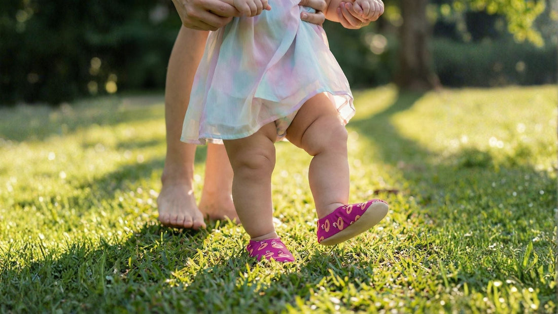 toddler walking confidently on grass wearing non-slip water socks in Singapore