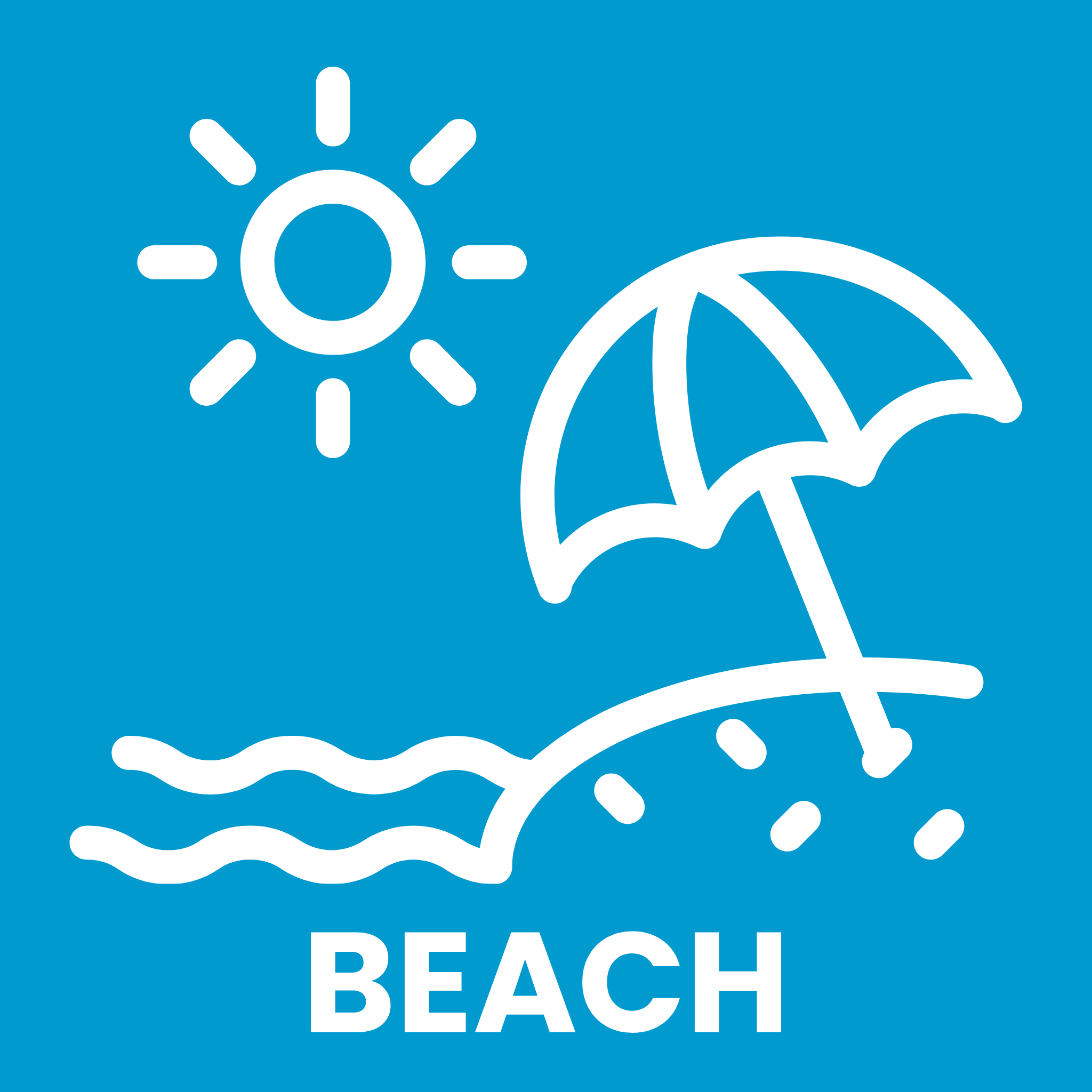 White beach icons (sun, umbrella, waves) on a blue background with 'BEACH' text.