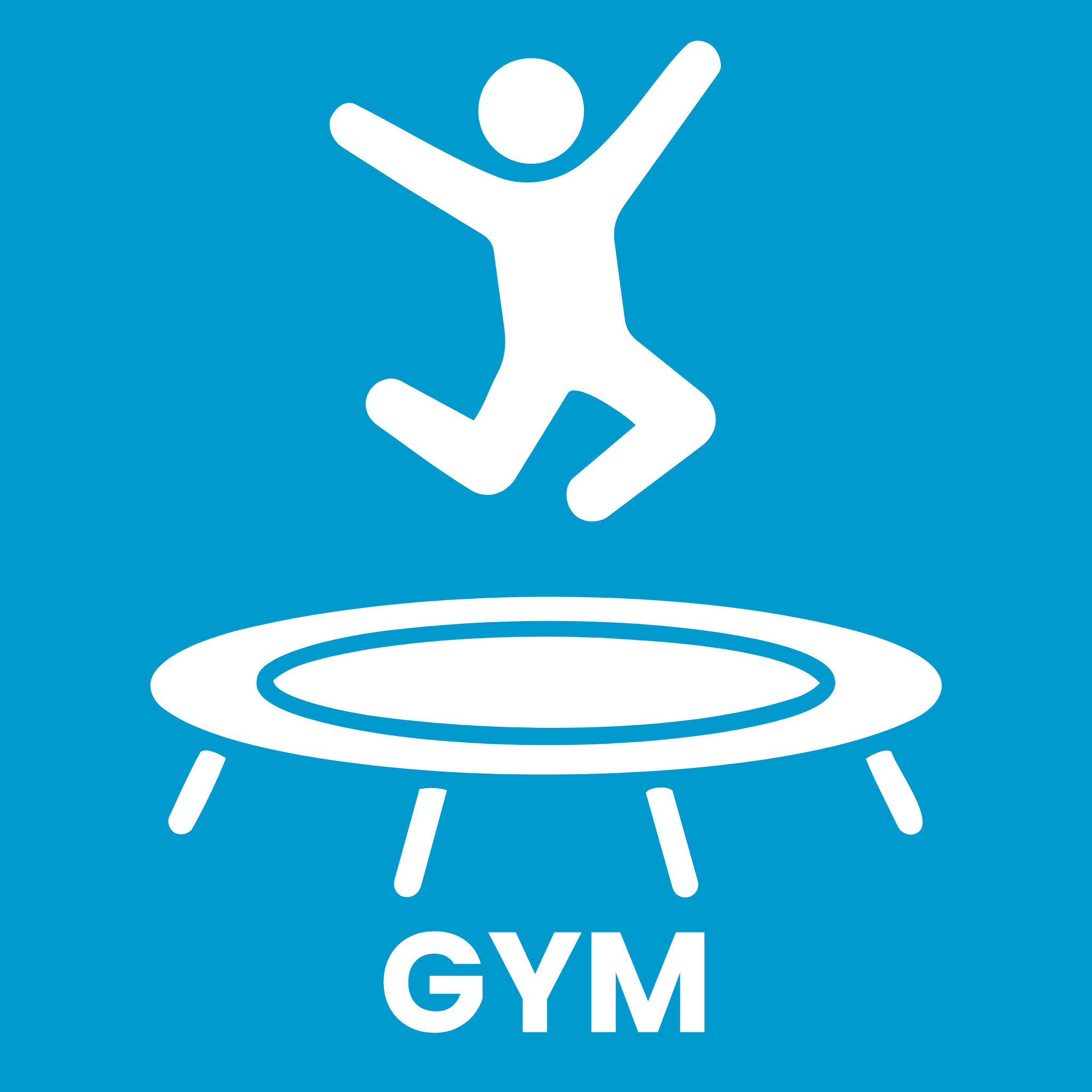 White icon of a person jumping on a trampoline with 'GYM' text on a blue background