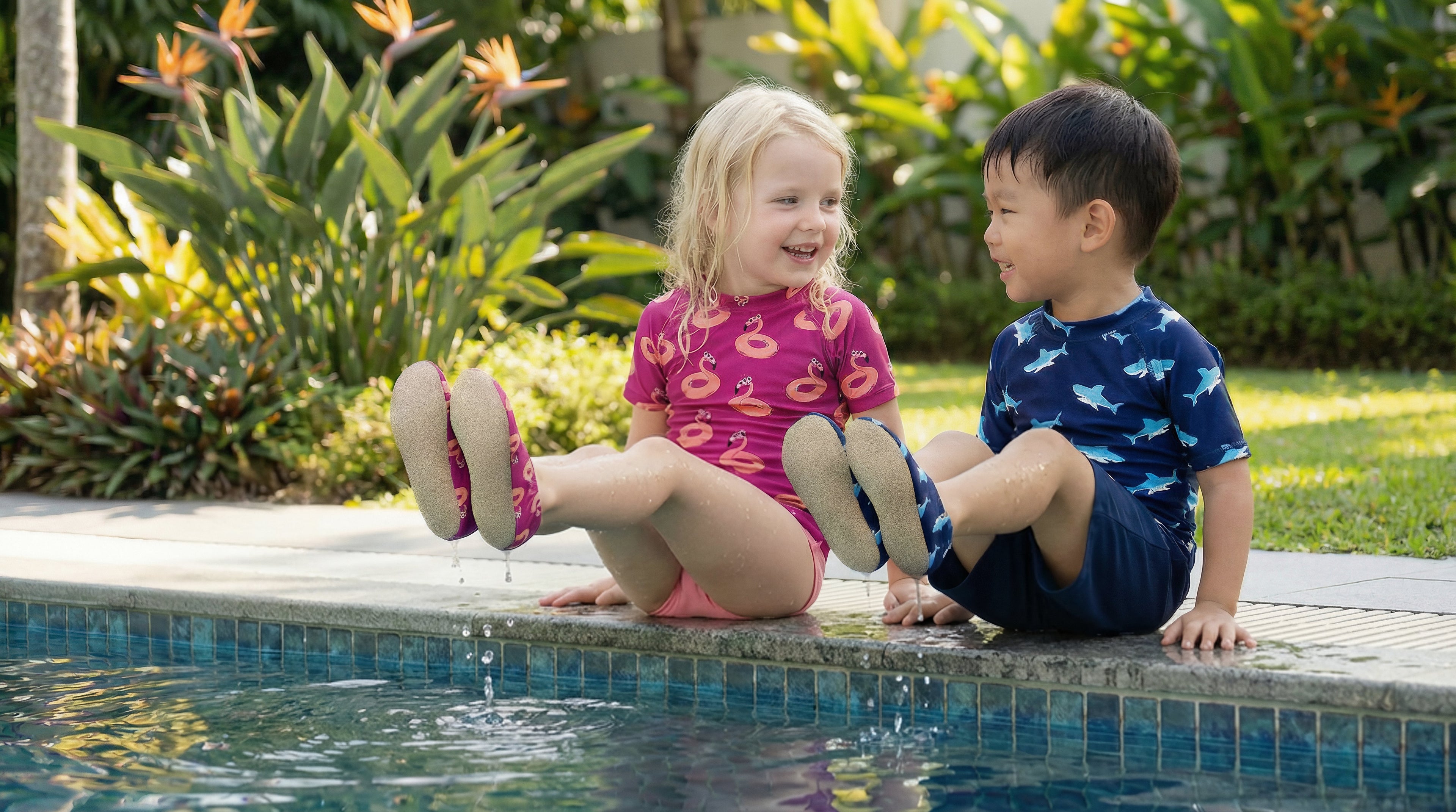 2 kids sitting by a Singapore pool wearing Swimiki non-slip water socks.