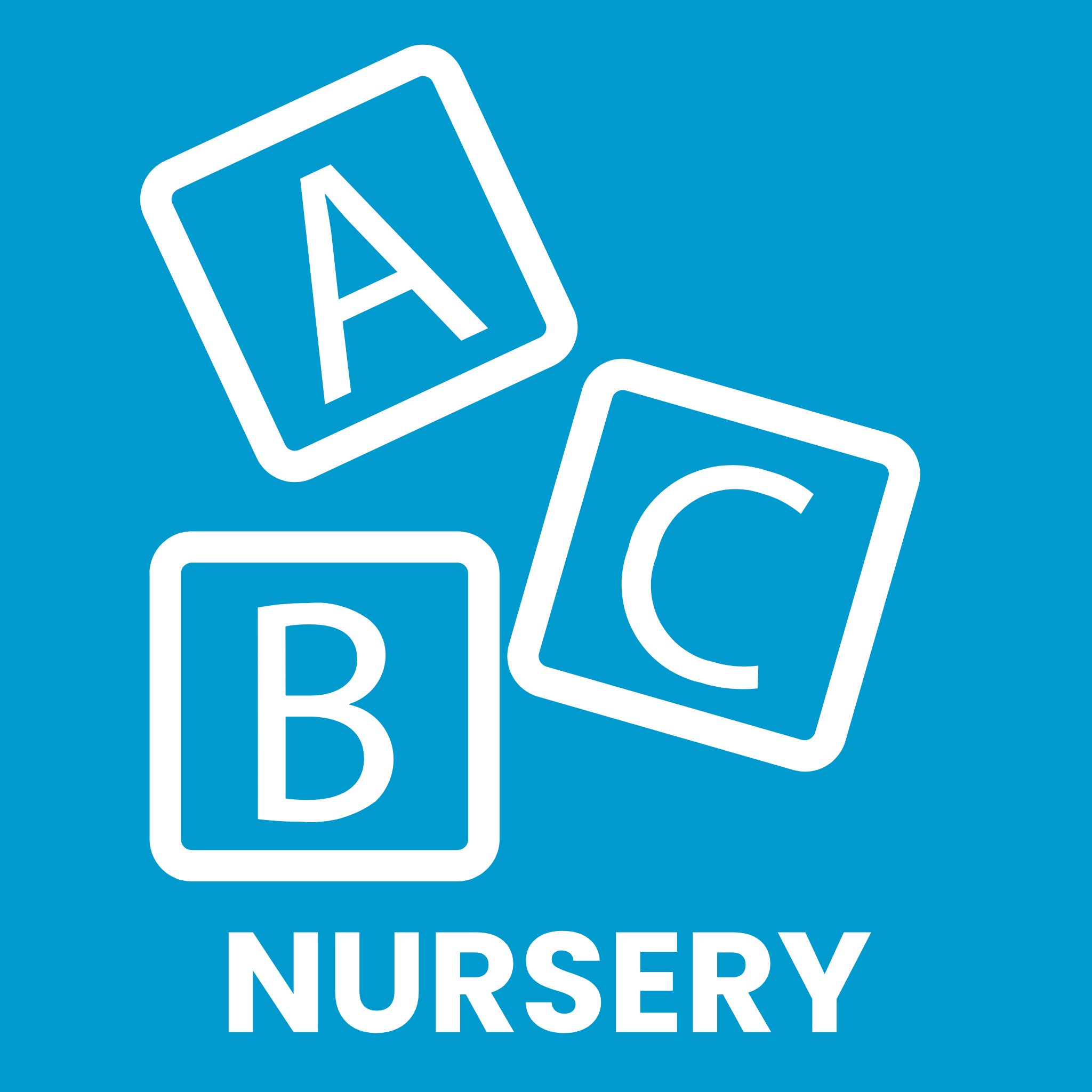 Three white alphabet blocks (A, B, C) with 'NURSERY' text on a blue background