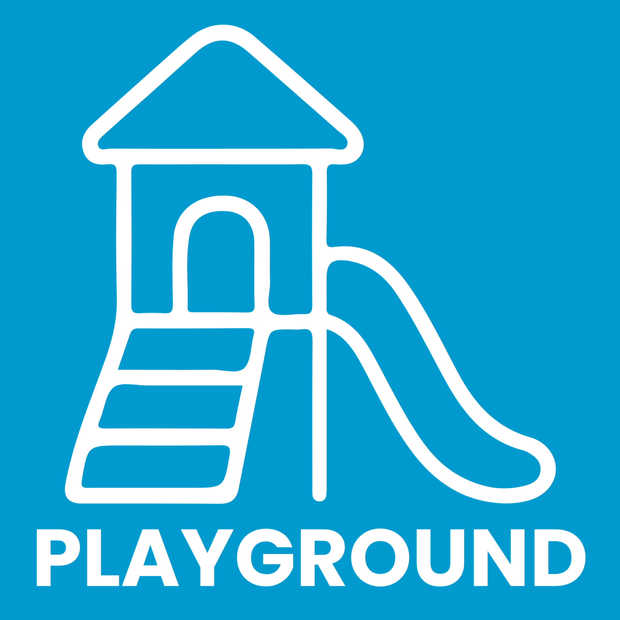 White outline of a playground structure with slide on a blue background, featuring the word 'PLAYGROUND'.