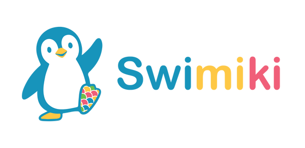 Swimiki logo with a blue penguin wearing colorful non-slip water socks on a transparent background.