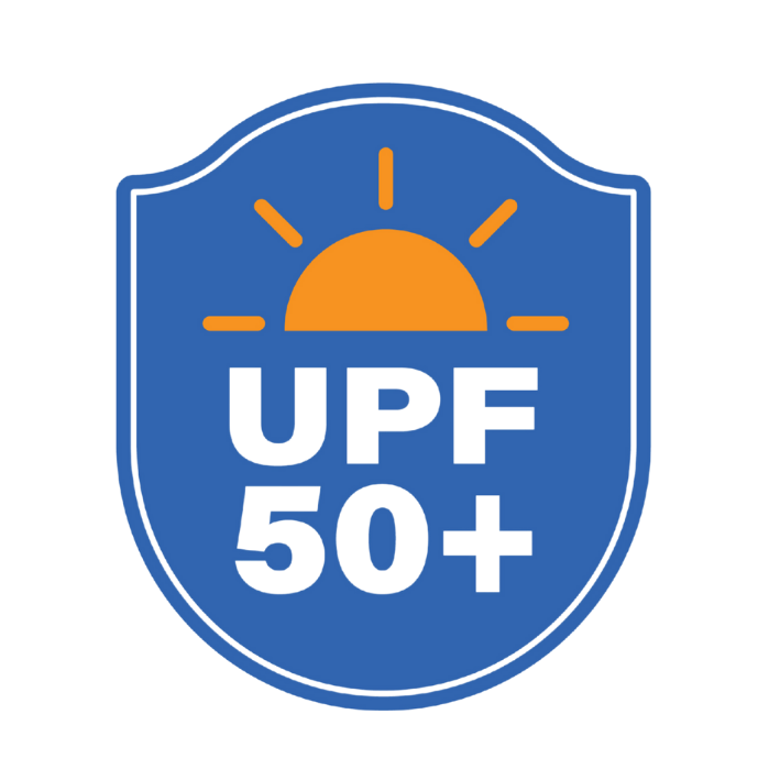 UPF 50+ logo with a blue shield, orange sun, and white text on a white background