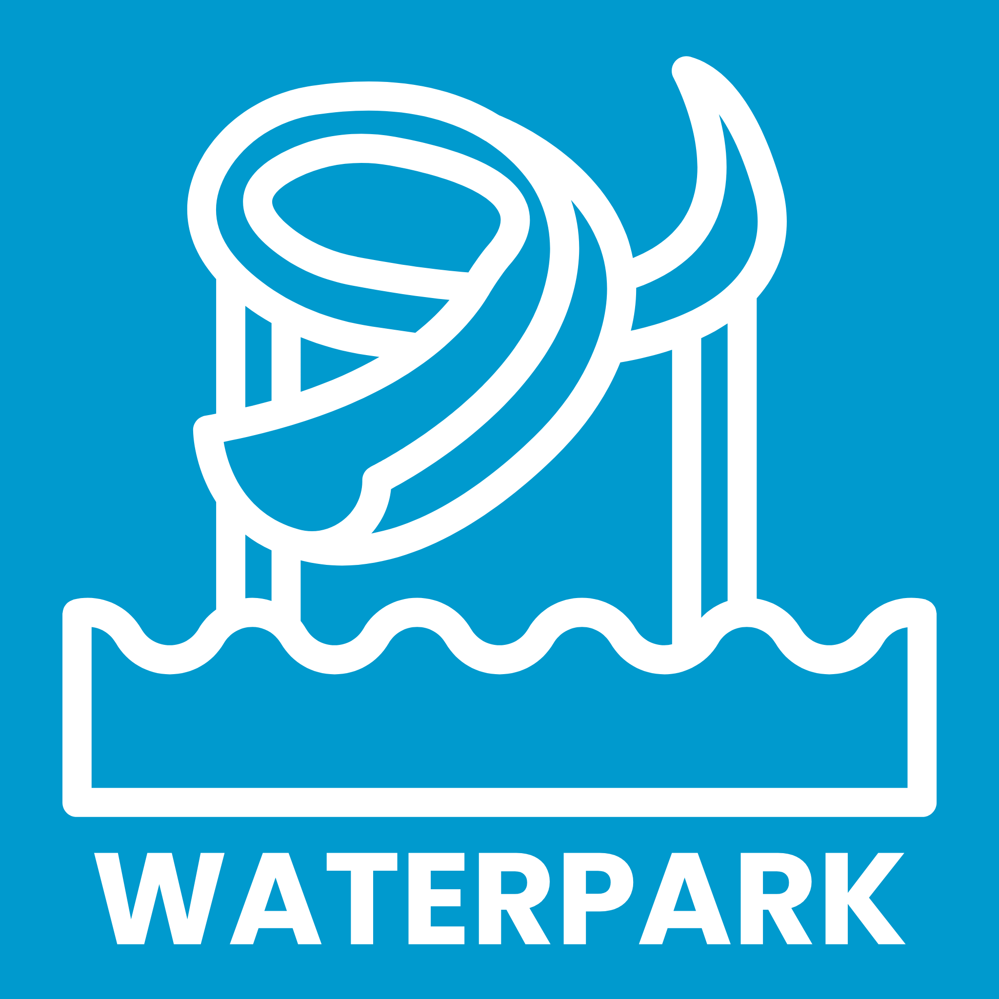 White waterpark logo with a slide and 'WATERPARK' text on a blue background