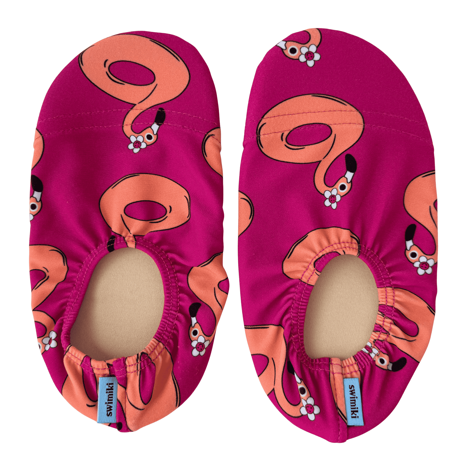 Pair of pink non-slip water socks with peach flamingo design on a transparent background.