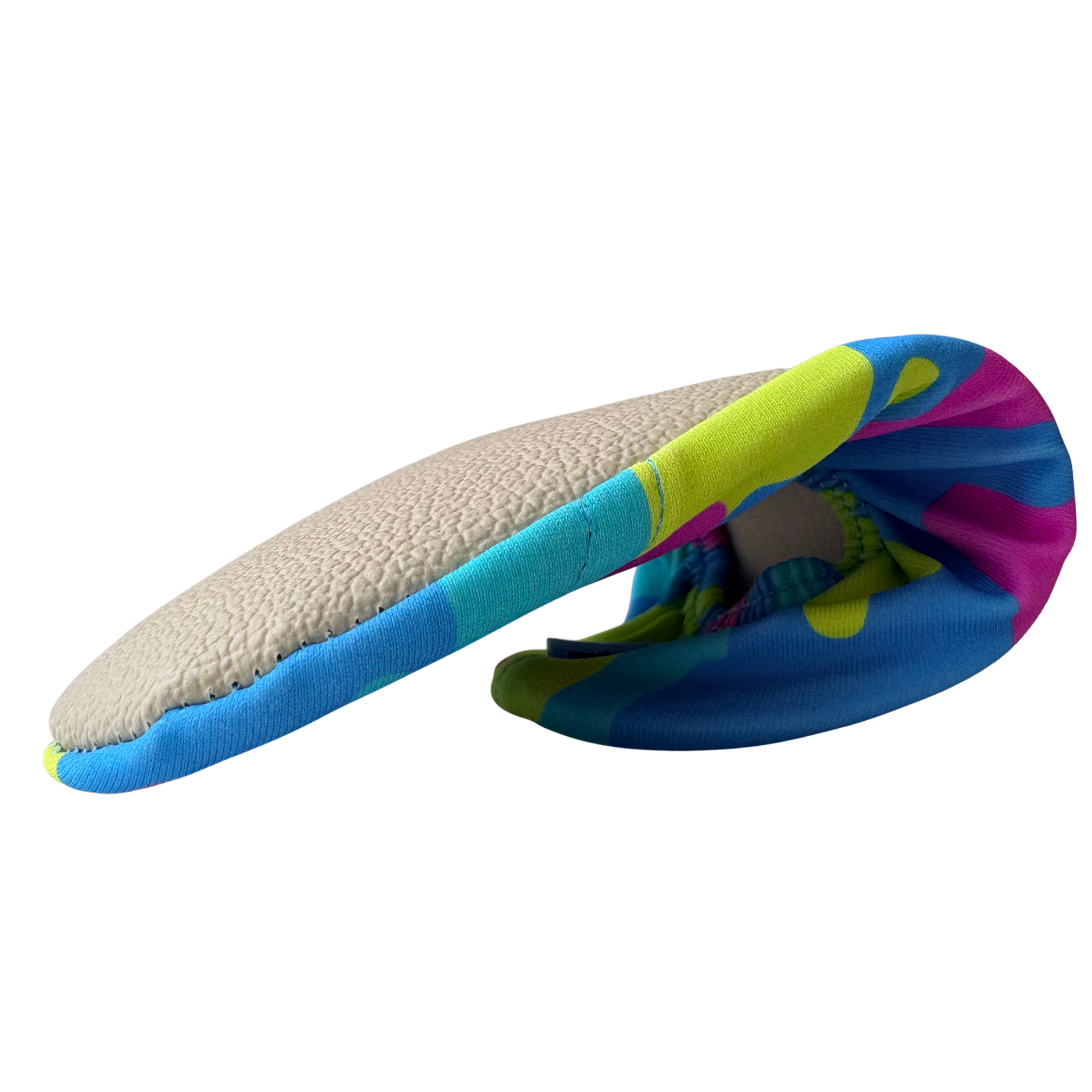 Folded non-slip water socks with colorful ice cream pattern and beige grip sole on a transparent background.