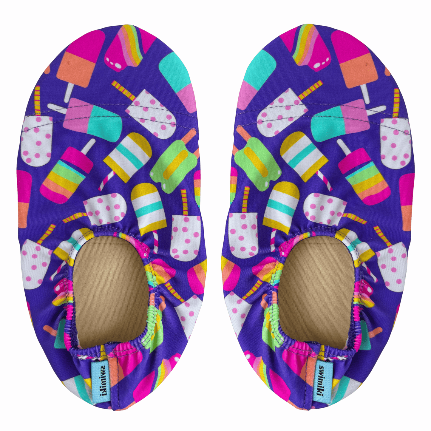 Pair of non-slip water socks with popsicle pattern on a transparent background.