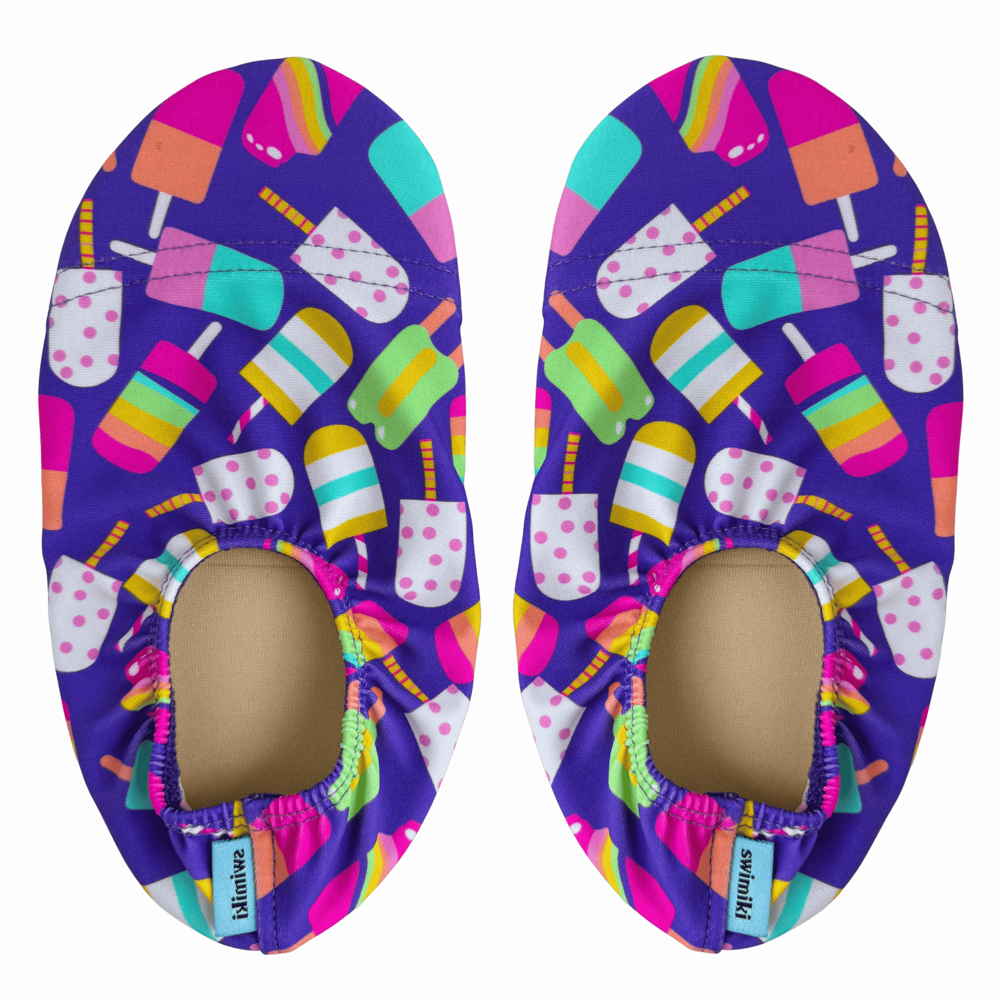 Pair of non-slip water socks with popsicle pattern on a transparent background.