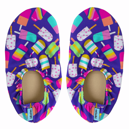 Pair of non-slip water socks with popsicle pattern on a transparent background.