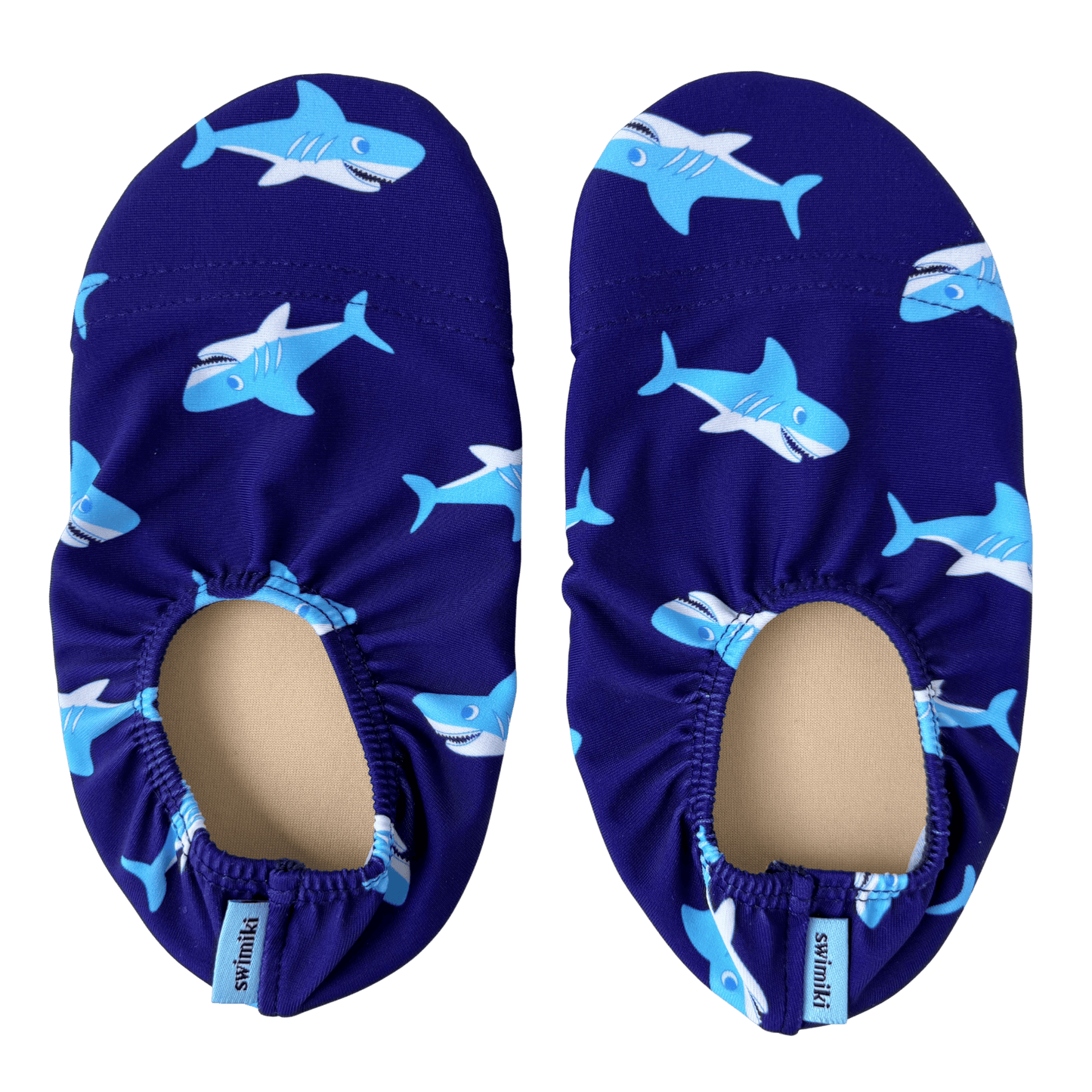 Pair of navy blue non-slip water socks with shark pattern on a transparent background.