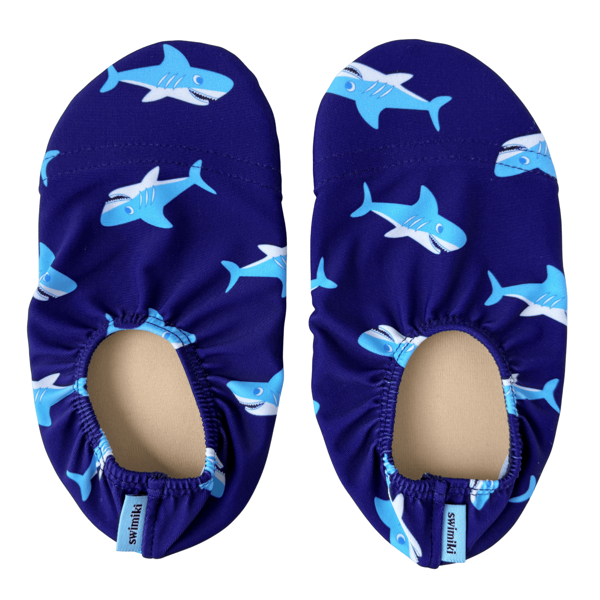 Pair of navy blue non-slip water socks with shark pattern on a transparent background.