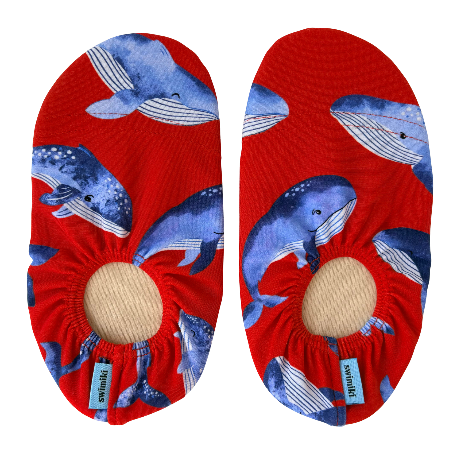 Red non-slip water socks with blue whale pattern on a transparent background.