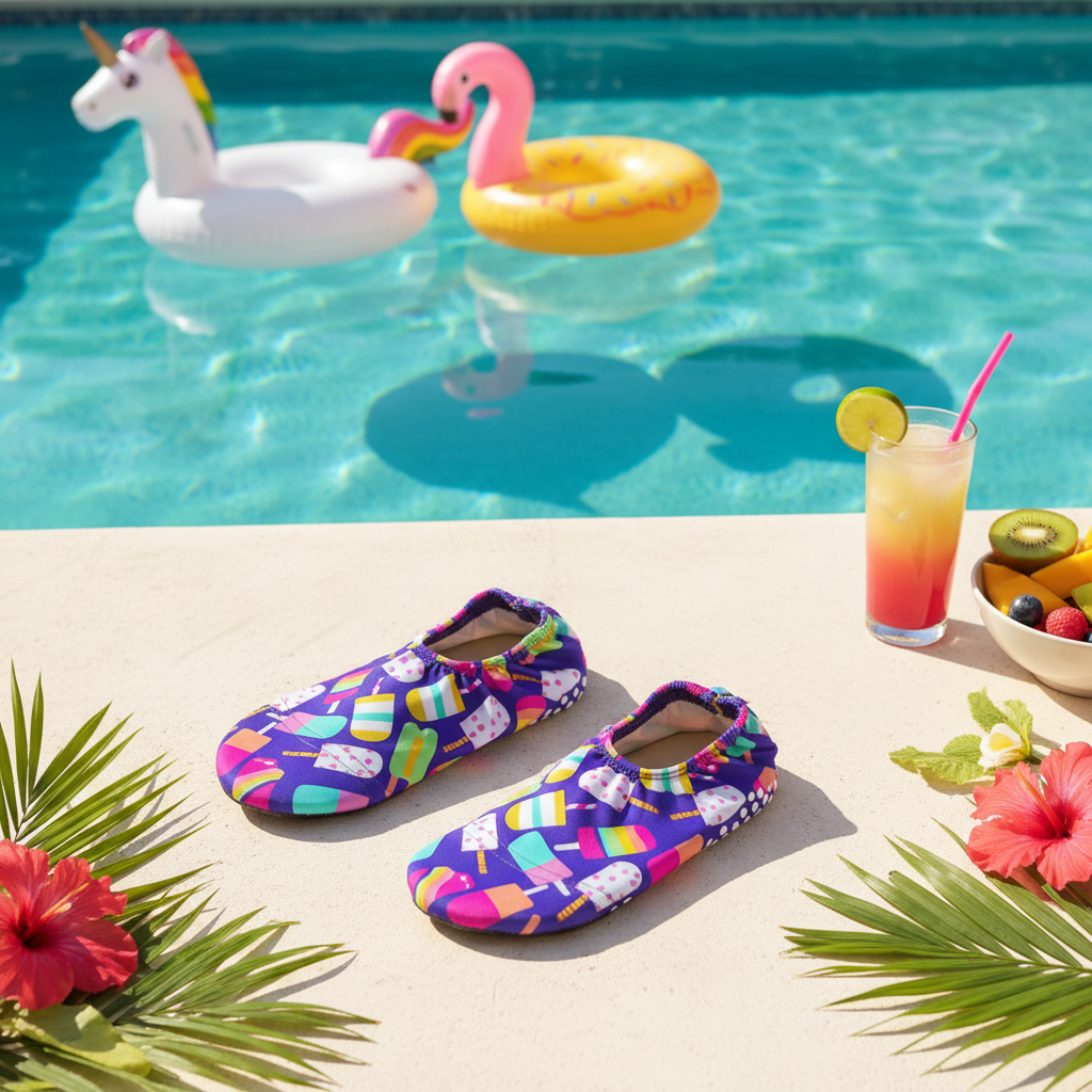 Popsicle Non-slip Socks in tropical poolside setting